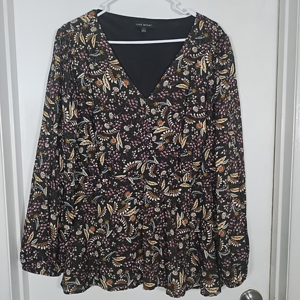 Lane Bryant Women's 18 V-neck Peplum Blouse Lined Floral Sparkle Boho Tunic Top